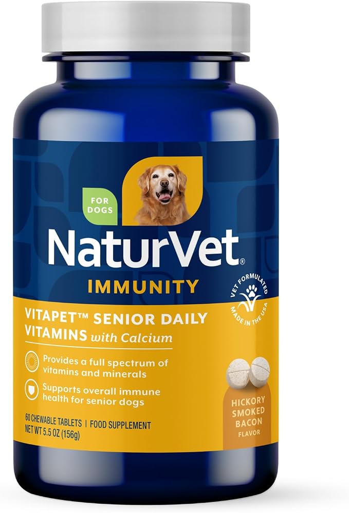 NaturVet –VitaPet Senior Daily Vitamins for Senior Dogs – Plus Glucosamine – Full Spectrum of Vitamins & Minerals – Enhanced with Glucosamine for Added Joint Support – 60 Time Release Tablets