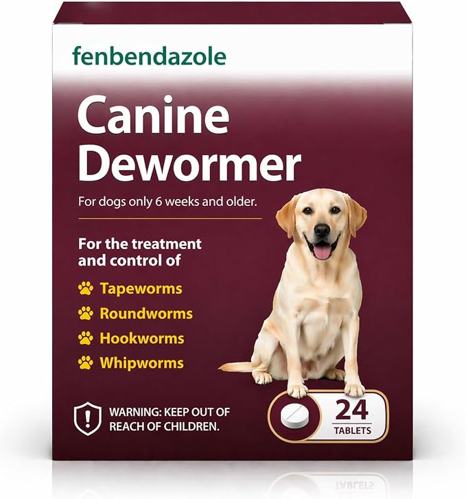 Fenbendazole Dewormer for Dogs & Puppies, Oral Treatment for Tapeworms, Roundworms, Hookworms and Whipworms, 24 Count