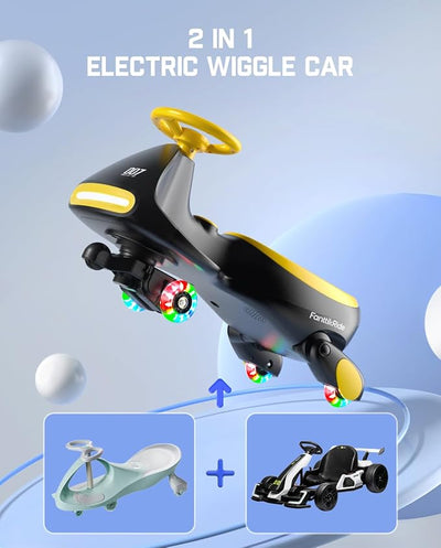 FanttikRide N7 Pro Electric Wiggle Car with Pedal, Rechargeable Battery, CyberWiggle, 2 in 1 Swing Car, 2 Speeds Max 4 Mph, Anti-Rollover, Flashing Wheels, Bluetooth, Ages 3+, 150 Lbs,Yellow