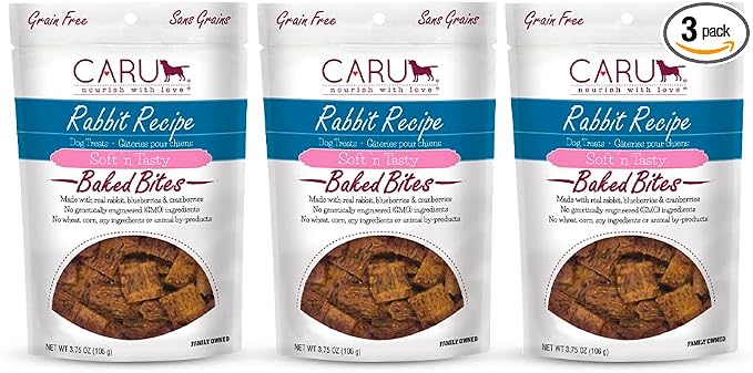 Caru - Soft n’ Tasty Baked Bites - Rabbit Bites Dog Treats - Flavorful Training Treats - 3.75 oz Bags - Pack of 3