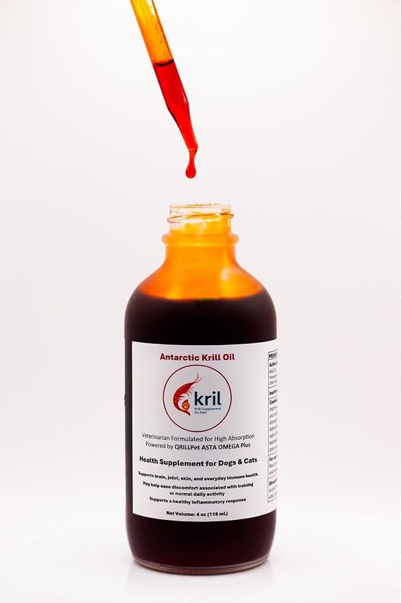 kril™ Antarctic Krill Oil Health Supplement for Dogs & Cats 4oz Liquid with QRILLPet ASTA Omega Plus, High Absorption Formula, Joint Brain Skin Support with Omega-3, Astaxanthin