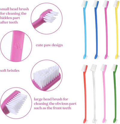 200Pcs Dog Toothbrushes, Dual Headed Dog Tooth Brush Bulk, Long Handle Plastic Pet Toothbrush for Large Small Dogs Cats Puppy Teeth Cleaning Dental Care Supplies 8 Colors