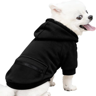 Jecikelon Dog Hoodies for Small Dogs with Zipper Pocket, Soft Fleece Puppy Clothes with Rope Hat, Warm Winter Outfits Cold Weather Coats, Cute Sweatshirt Chihuahua Costume (Black, X-Large)
