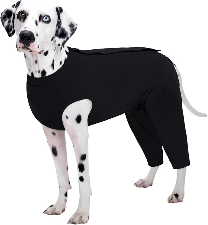 Kuoser Dog Recovery Suit with Anti Licking Rear Leg Sleeve, Black 4XL | Abdominal Dog Surgical Suit with Pants Cover Protect Wounds, Dogs Elbow Protector Soft Pet Surgery Onesie Cone Alternative