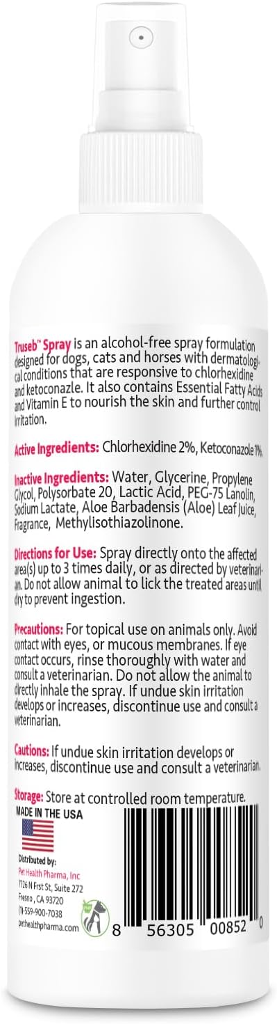Truseb Medicated Chlorhexidine for Dogs Cats Horses Skin Spray with Aloe Vera - Medicated Ketoconazole Spray for Skin Irritation, Hot Spots, Redness Relief (8 oz)