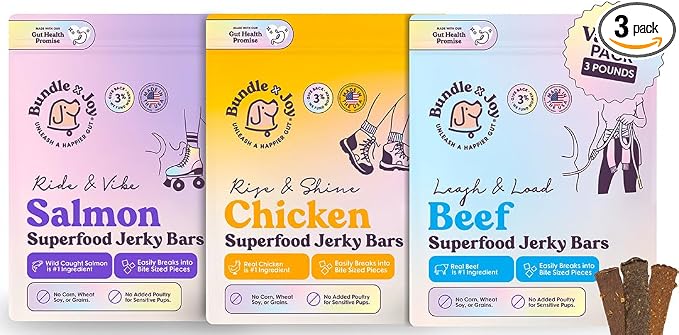 Bundle x Joy Dog Jerky Treats - Variety 3-16 Oz Bags Bags, Beef, Chicken & Salmon, Natural Superfood - Corn, Poultry, Soy & Grain Free Dog Treats Made in USA Only