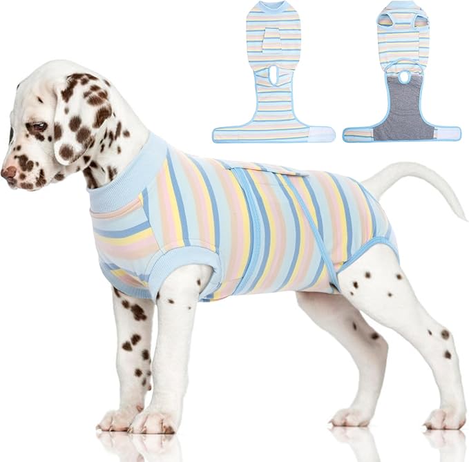 FUAMEY Recovery Suit for Dogs After Surgery,Soft Comfortable Dog Bodysuit, Cone Alternative Dog Surgical Suit,Male Female Neuter Spay Suits Incision Protection Onesie Blue Yellow Stripes S