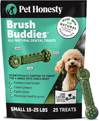 Brush Buddies Long Lasting Dog Dental Chews - All Natural Dental Sticks for Teeth Cleaning Plaque Off + Tartar Remover for Dogs - Dog Dental Treats + Breath Freshener - Small Sized Dogs (25 Count)