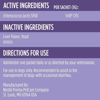 Purina Pro Plan Veterinary Supplements FortiFlora Dog Probiotic Supplement, Clinical Formula for Digestive Health & Diarrhea Relief, Veterinarian Recommended, 30 Individual Sachets (30-Count Box)