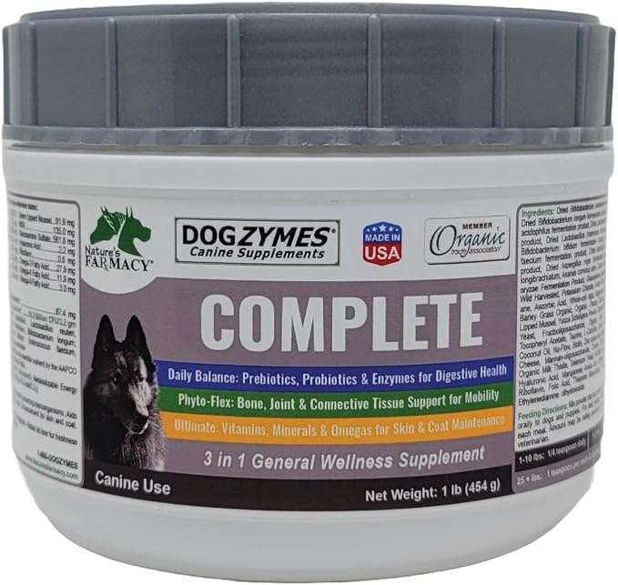 Dogzymes Complete - Probiotics, prebiotics, Glucosamine, Chondroitin, MSM and Hyaluronic Acid, Complete Skin and Coat Care (1 Pound)