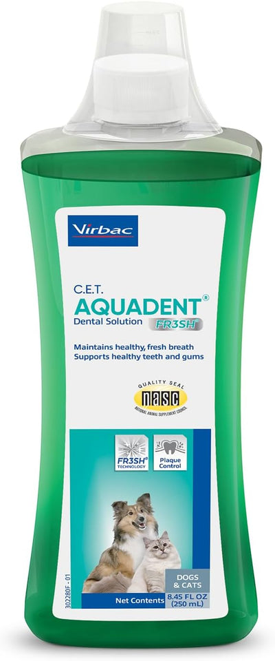 Virbac C.E.T. AQUADENT® FR3SH® Dental Solution For Dogs & Cats - Supports Dental Health & Fresher Breath - VOHC Approved For Dogs (250 ml)