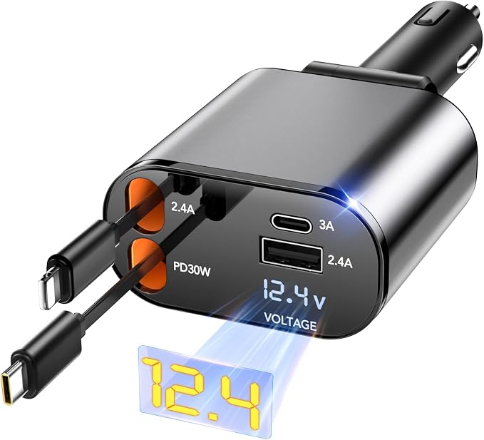 84W Retractable Car Charger,Car Phone Charger USB C Fast Charge for iPhone | EloBeth Car Charger,Cigarette Lighter USB Charger Car Accessories,Road Trip Essentials Gift for Men,for iPhone 17/16,Galaxy