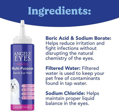 Angels' Eyes Multi-Purpose Sterile Eye Wash for Dogs & Cats | 4 oz Eye Cleaner & Rinse | Tear Stain Reducer with Boric Acid | Soothes Allergies, Debris, Mucus & Weepy Eyes | Vet Formulated