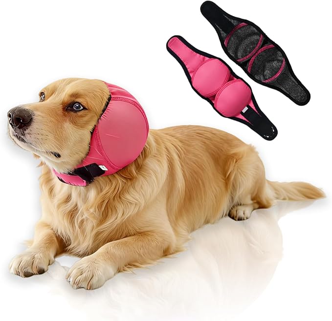 Waterproof Dog Ear Covers,No Flap Ear Wraps for Dogs,Dog Ear Muffs for Noise Protection & Anxiety Relief,Adjustable Dog Calming Hoodie Shower Cap for Bathing Grooming(Fuchsia,L)
