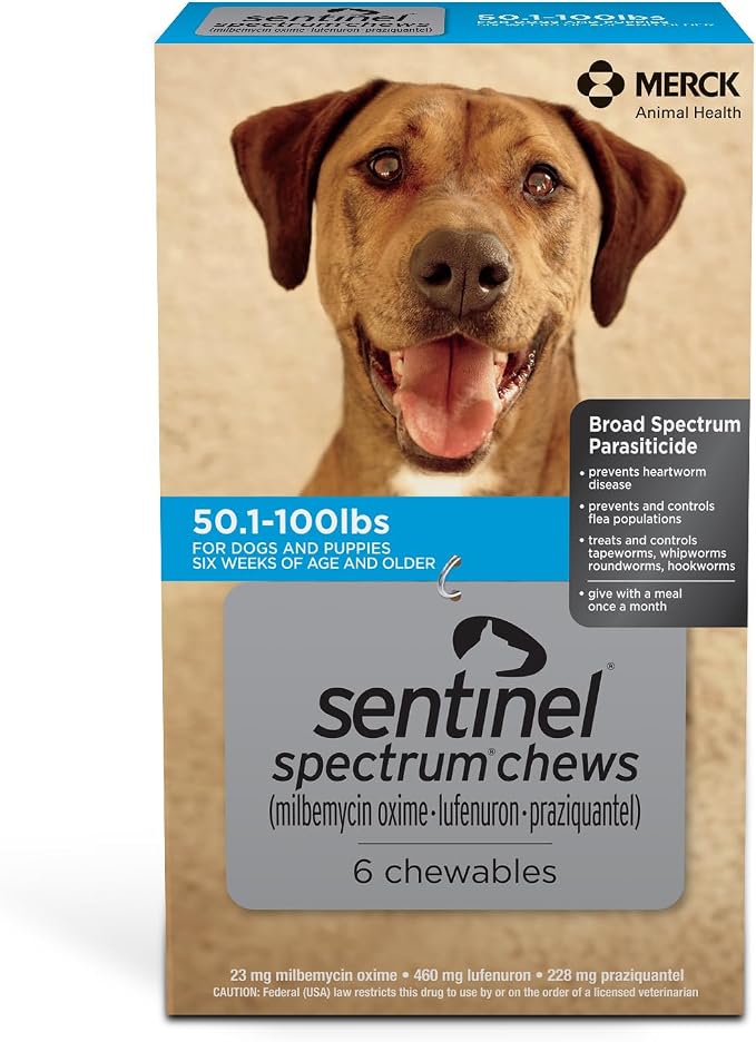 SENTINEL SPECTRUM Chews for Dogs, 50-100 lbs, 6 Chews, 6-Month Supply, Blue Box