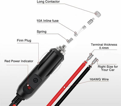 Nilight 10028W 2 Pack Cigarette Lighter Male Plug with Leads 10Amp Fuse with LED Light Car Replacement Cigar Male Socket Plug Extension Cable