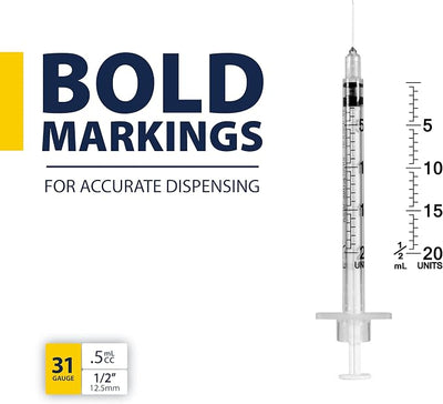Easy Touch Pet U-40 Insulin Syringes for Dogs & Cats – 31G 0.5cc 1/2", Half-Unit Markings, Compatible with U-40 Insulin, Box of 100 (For Animal Use Only)