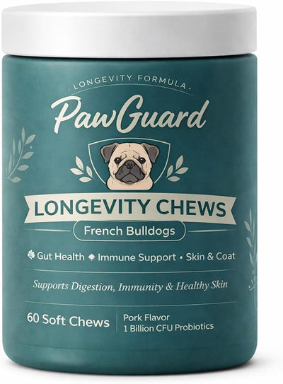 PawGuard French Bulldog Longevity Chews, Probiotics Digestive Enzymes Glucosamine and Chondroitin Soft Chews, Pork Flavor, Gut Skin Coat Immune Joint Support, 60 Count