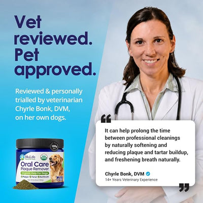 Dog Teeth Cleaning Powder, Dog Plaque and Tartar Remover, Bad Breath Treatment for Dogs with USDA Organic Sea Kelp Powder, Dog Dental Care Made Easy, for All Ages, 6oz
