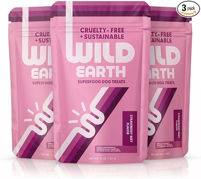 Wild Earth Superfood Dog Treats, Plant Based Dog Treats with Omega Acids, Prebiotics & Koji Protein, No Fillers, Veterinarian-Developed, Strawberry & Beet Flavor (3-Pack)