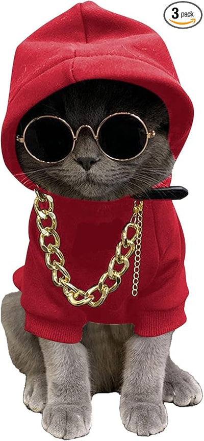 QWINEE 3Pcs Dog Hoodie Cat Apparel Dog Custume Set with Necklace and Sunglasses Pet Clothes for Puppy Small Medium Dogs Cats Red S