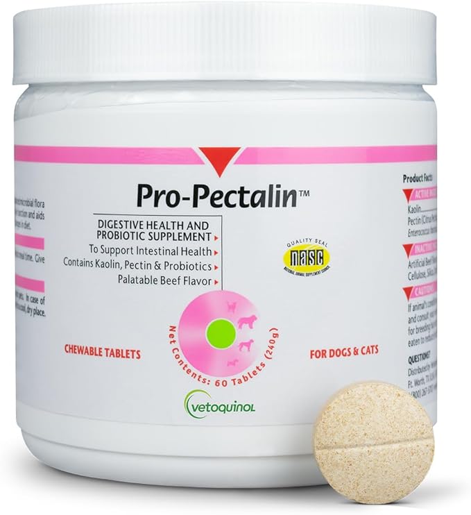 Vetoquinol Pro-Pectalin - Supports Digestive System & Stool Firmness for Dogs & Cats - Chewable Probiotic Supplement for Intestinal Support - For All Breeds - 60 Count