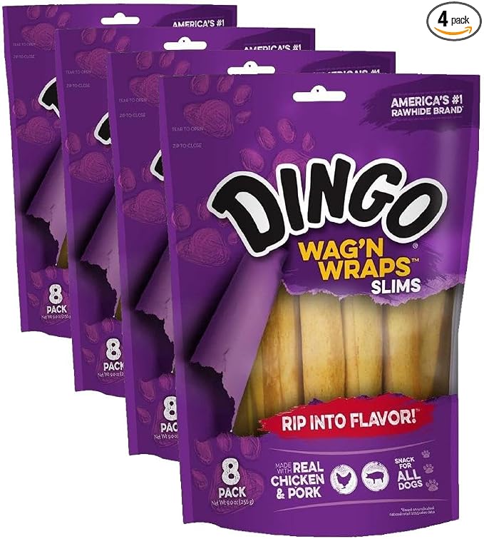 Dingo Wag’n Wraps Slims 8 Count, Made with Real Chicken and Pork, for All Dogs (Pack of 4)