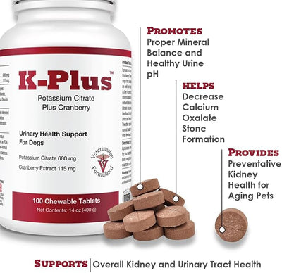 K-Plus Potassium Citrate Plus Cranberry Supplement for Dogs - UTI Remedy Chewable Tablets - Supports Bladder Health - for Every Dog Breed, 200 Chewable Tablets