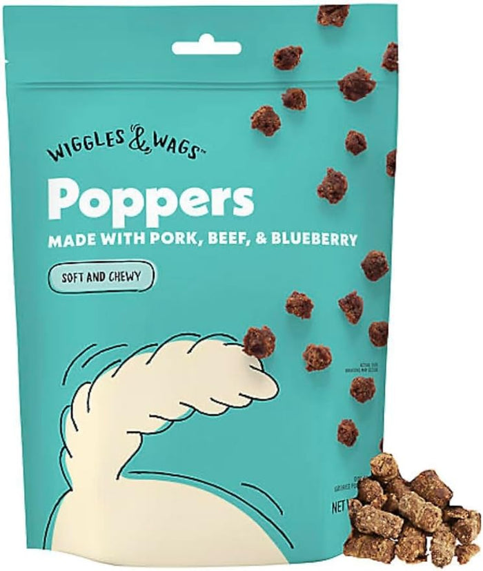Wiggles & Wags Poppers Soft and Chewy Dog Treats, Pork, Beef & Blueberry, 8 OZ