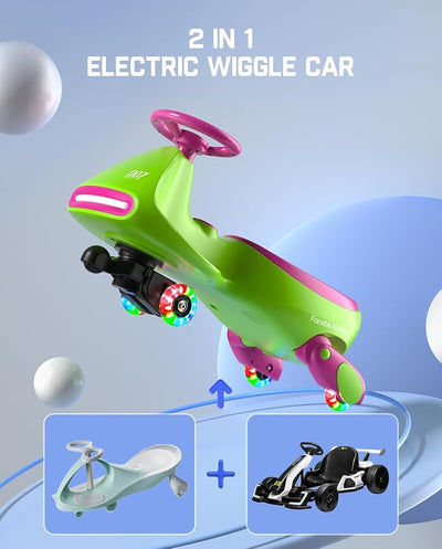 FanttikRide N7 Pro Electric Wiggle Car, Rechargeable Battery, CyberWiggle, 2 in 1 Swing Car, 2 Speeds Max 4 Mph, Anti-Rollover, Flashing Wheels, Bluetooth, Ages 3+, 150 Lbs, Grape Green