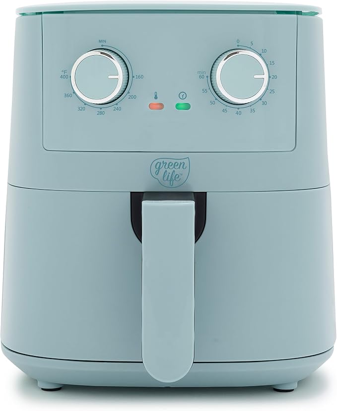 GreenLife 4.5QT Air Fryer, Mechanical Dial Controls, PFAS-Free Ceramic Nonstick Drawer, Adjustable Temp & Timer, LED Indicator, Oil-Less Cooking, Dishwasher Safe, Compact Family Size, Blue
