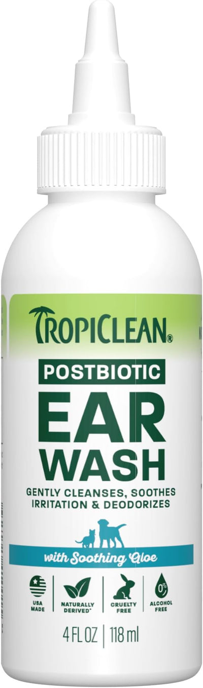TropiClean Dog Ear Wash, Vet Recommended Ear Cleaning Solution for Itch Relief, Odor Eliminating, Non Stinging Alcohol-Free, Cat Safe, USA Made, 4oz