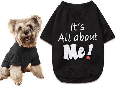 Yorkie Clothes Funny Small Dog T Shirt Black Dog Clothes, M | It's All About Me Print | Summer Stretchy Breathable Fabric | High Belly Cut | Summer Cooling Style