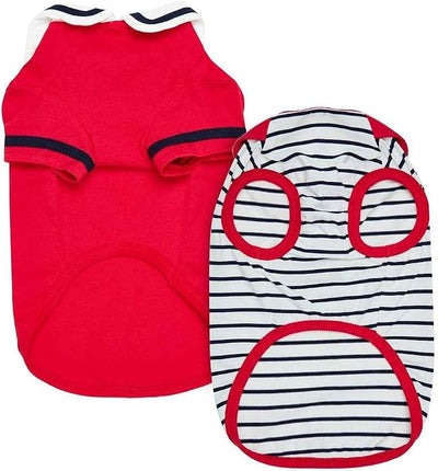 Blueberry Pet Soft & Comfy Summer Vacation Beach Cotton Dog T-Shirts, Cerise Red, 2 Pack, Sailor Suit Shirts Tank Top Clothes, Back Length 16", for Medium Large Dogs