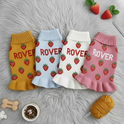 Personalized Dog Sweater Dress for Dogs and Cats, Custom Name Winter Strawberry Bowtie Knit Sweater for Girls, Soft Puppy Knitwear Clothes, Gifts Dog and Cat Lovers