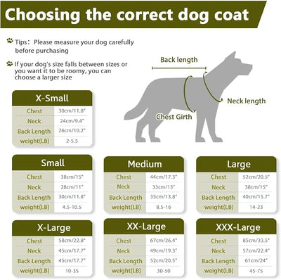 SAWMONG Waterproof Dog Winter Coat, Warm Fleece Lined Dog Jacket with Hood, Windproof Puppy Coat, Pet Apparel Vest Outdoor&Indoor Winter Activities(Green,XS)
