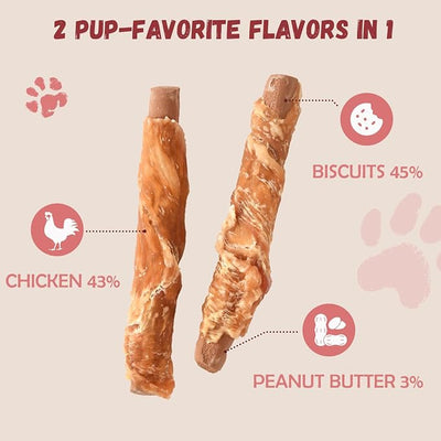Pawmate Dog Treats Chicken Wrapped Peanut Butter Biscuit Sticks, Grain Free Rawhide Free Dog Chews, Healthy Training Treats Snacks for Small Medium Large Dogs, 10.6 oz