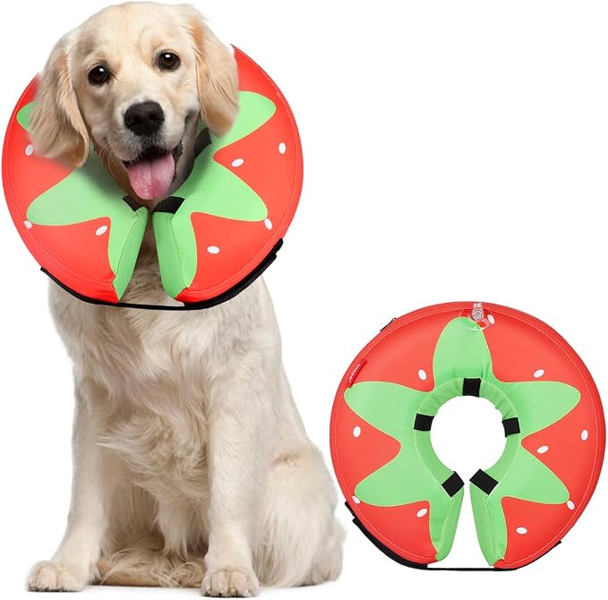 MIDOG Soft Inflatable Dog Cone,Donut E-Collar Alternative for After Surgery, Prevents Licking,Allowing Normal Eating & Vision,Comfortable Recovery Collar for Small Medium Large Dogs&Cats,Strawberry-L+