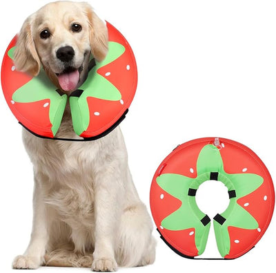 MIDOG Soft Inflatable Dog Cone,Donut E-Collar Alternative for After Surgery, Prevents Licking,Allowing Normal Eating & Vision,Comfortable Recovery Collar for Small Medium Large Dogs&Cats,Strawberry-L+