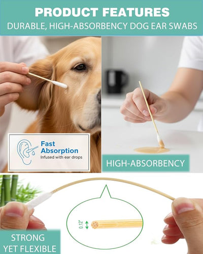 Dog Ear Cleaning Swabs 200 Count – 6 Inch Extra Long Bamboo Cotton Swabs for Dogs & Cats, Large Lint-Free Cotton Tipped Applicators for Ear Wax Removal, Tear Stains & Grooming