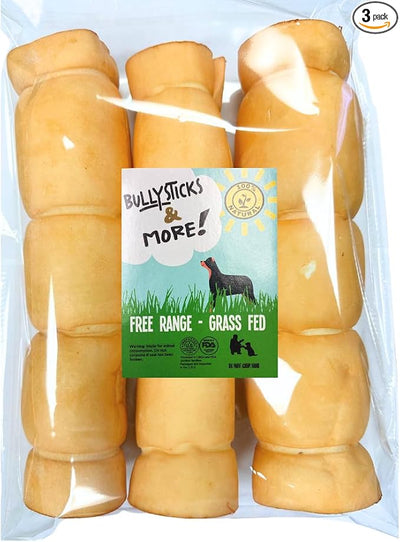 BULLYSTICKS & MORE 10-12" Beef Cheek Rolls for Dogs (Peanut Butter Flavor - 3 Count) - Beef Cheek Bones for Dogs - Dog Parents Choice - Premium No Hide Rolls