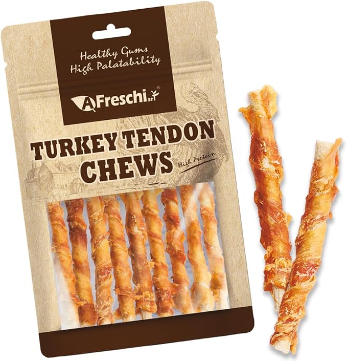 A Freschi srl Turkey Tendons for Dogs, USA-Sourced, Healthy Dog Treats, Rawhide-Free Puppy Chews, All Natural, Hypoallergenic Dog Treats, Turkey Tendon Wrapped Brown Rice Stick, 3.5 oz Pack