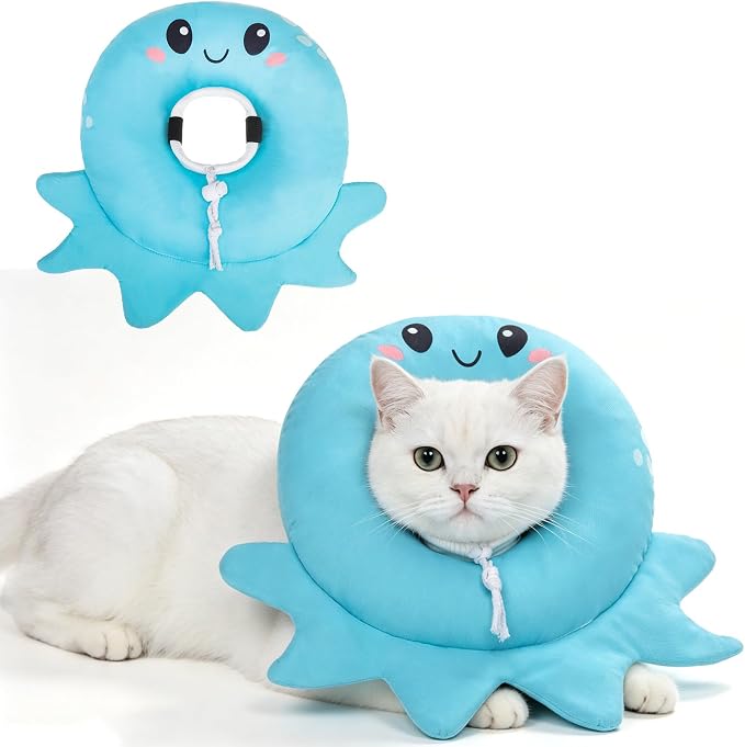 BEAUTYZOO Cat Cone Collar Soft,Cat Donut Recovery Collar After Surgery to Stop Licking,Kitten E Collars Neck Pillow Cone for Cats,Adjustable Elizabeth Pet Collars for Puppy Small Dogs,Blue Octopus S