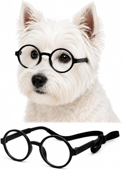 G002 Dog Pet Clear Lens Costume Glasses Small to Medium Breeds 12LBS~30LBS Prop Photoshoot Sunglasses (Round Black-Clear)