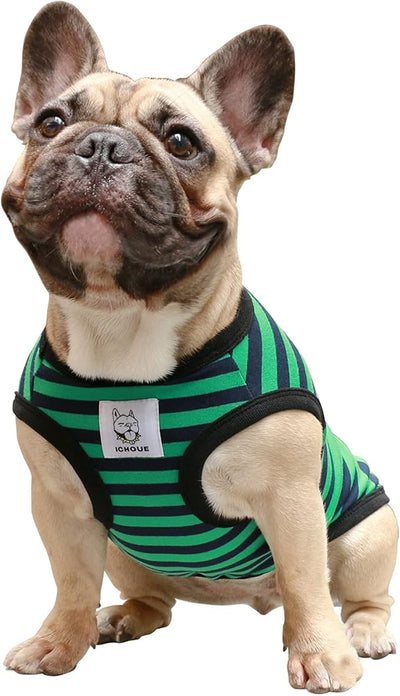 iChoue French Bulldog 100% Breathable Cotton Striped T Shirts Halloween Vest Clothes for Small Dogs Tank Tops Puppy Frenchie Pug English Boston Terrier Pitbull Green Black Stripes - Medium