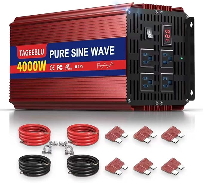 4000W Pure Sine Wave Power Inverter 12V DC to 110V 120V AC for Vehicles | Inverter for Car with 4 AC Outlets and LCD Display, 8000W Peak, Car Converter for Solar, RV, Truck, Home, Off-Grid, Camping