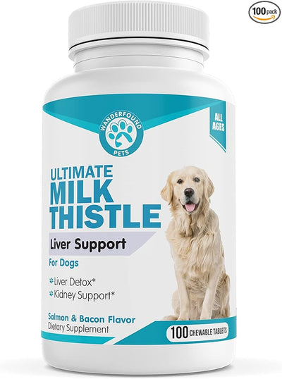 Wanderfound Pets Milk Thistle for Dogs – Tasty Salmon & Bacon Flavored Natural Liver Support for Pets – Kidney Cleanse Detox & Repair Formula Manufactured in the USA – 100 Chewable Tablets
