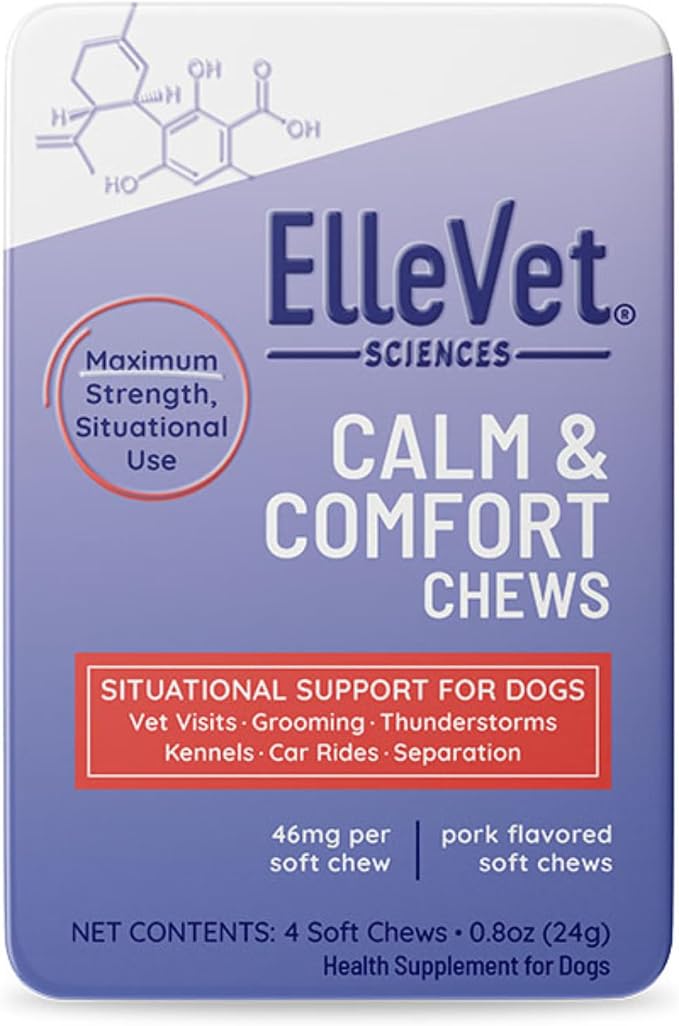 ElleVet Calming Chews for Dogs – Situational Stress Support – Calm & Comfort for Separation, Fireworks, Vet Visits & Storms – Made in USA – 4-Ct Tin