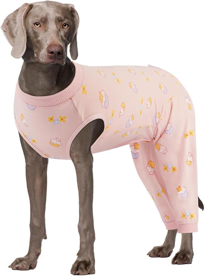 Kuoser Dog Recovery Suit with Anti Licking Rear Leg Sleeve, PinkCake 4XL | Abdominal Dog Surgical Suit with Pants Cover Protect Wounds, Dogs Elbow Protector Soft Pet Surgery Onesie Cone Alternative