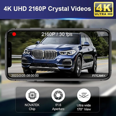 Fitcamx Front 4K+Rear 1080P Dash Cam Suitable for BMW X5 2023 2022 2021 2020 2019 G05 Xdrive50i M50i Sdrive40i (Model B), OEM Style, Dual HD Video WiFi, G-Sensor, Loop Recording, 128GB Card